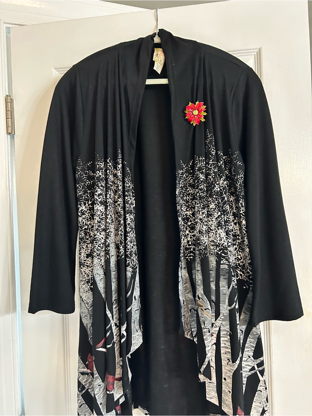 Black Open-Front Cardigan with White Tree Print